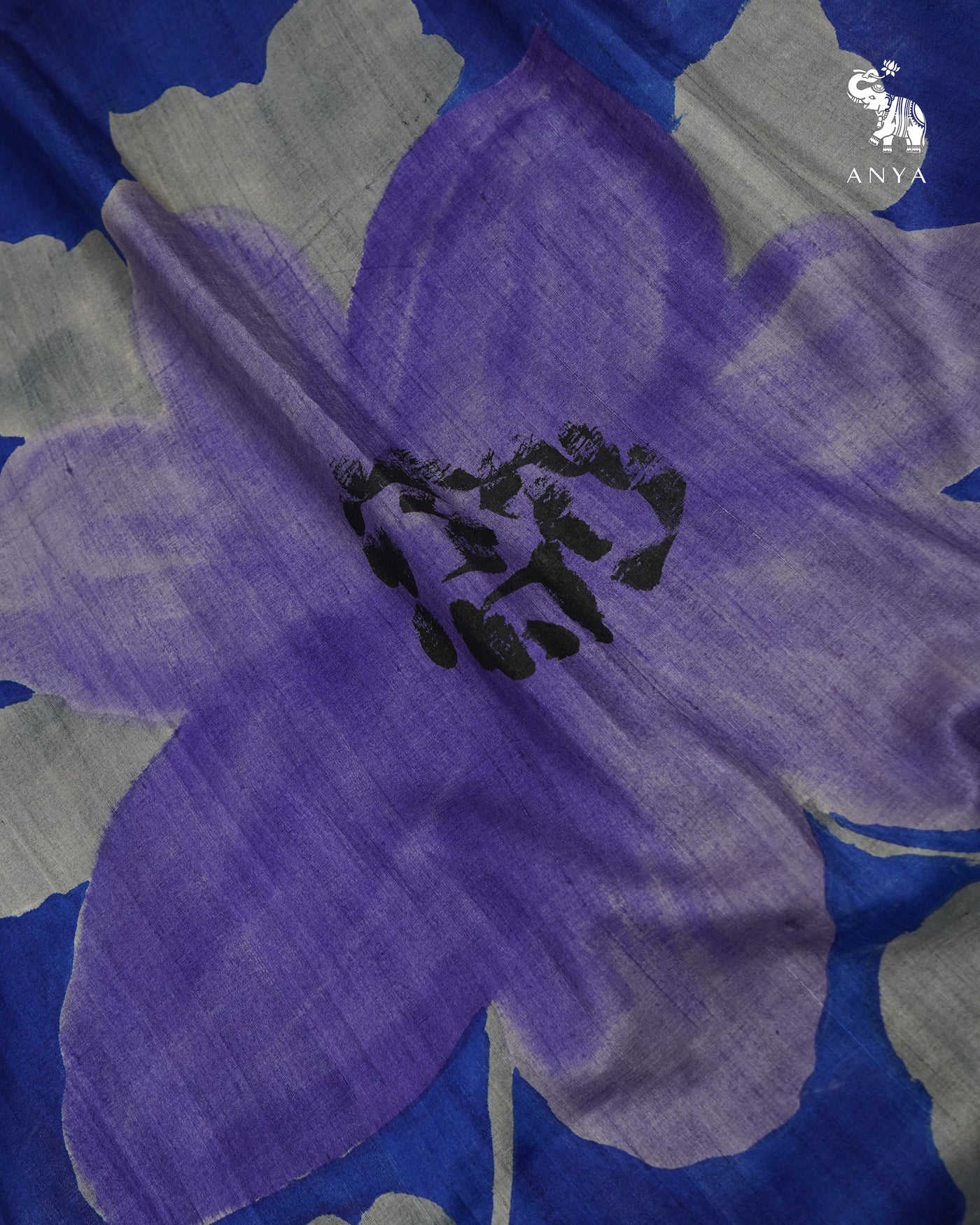 Indigo Blue Tussar Silk Saree with Floral Design