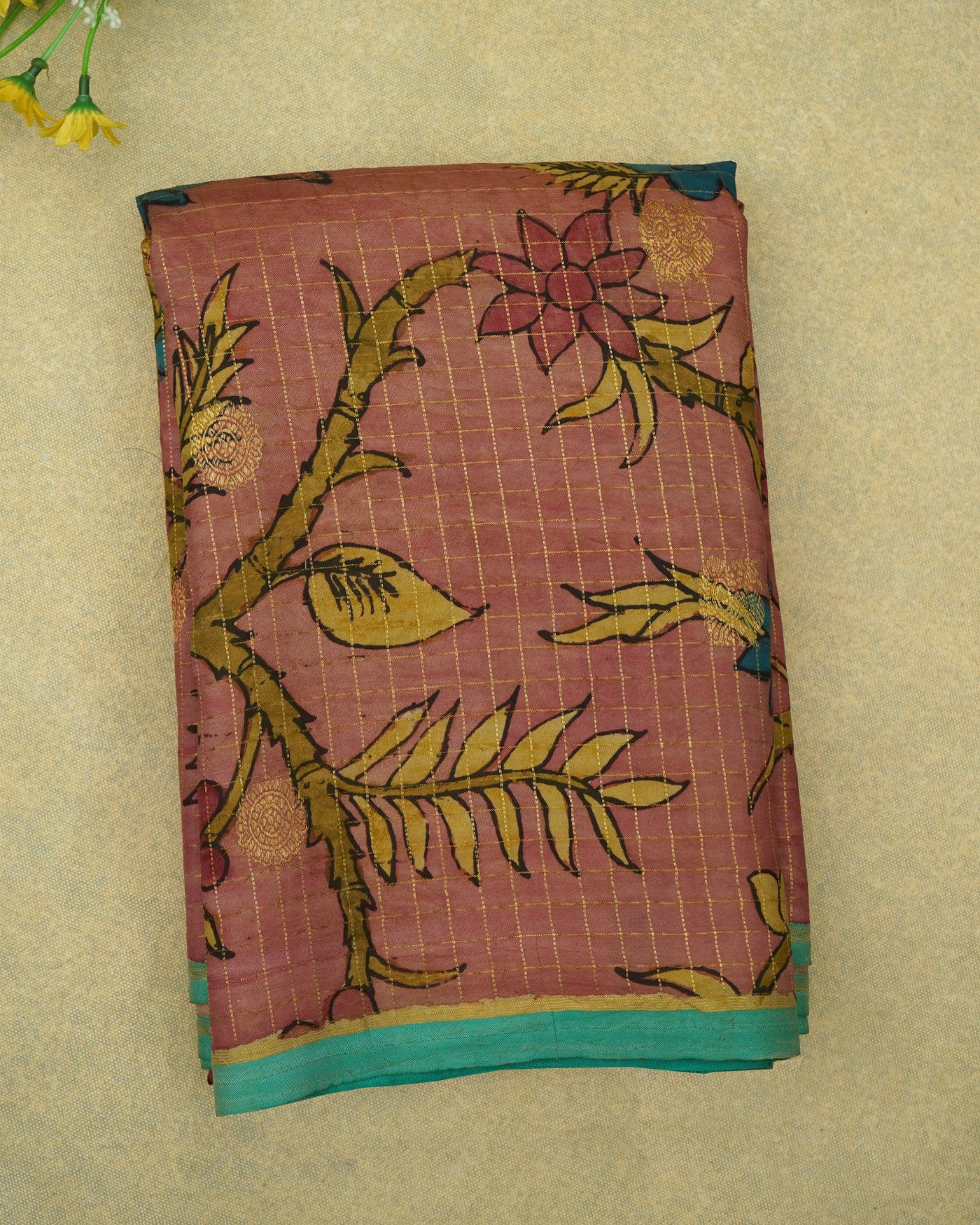 Onion Pink Pen Kalamkari Kanchi Silk Saree
