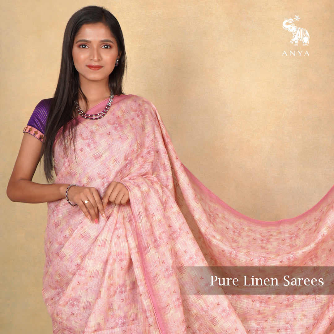 Baby Pink Linen Saree with Printed Design