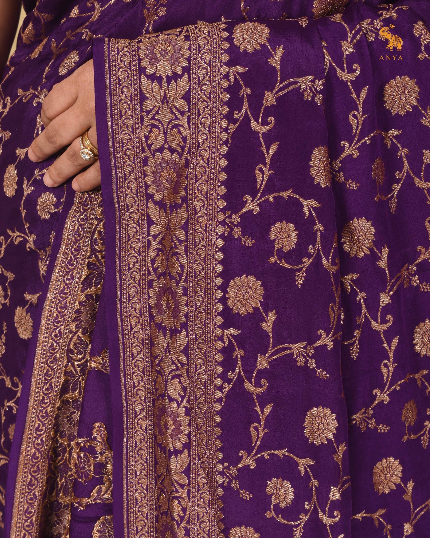 Dark Violet Crepe Banarasi Silk Saree with Floral Creeper Design