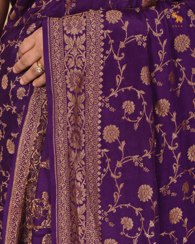 Dark Violet Crepe Banarasi Silk Saree with Floral Creeper Design