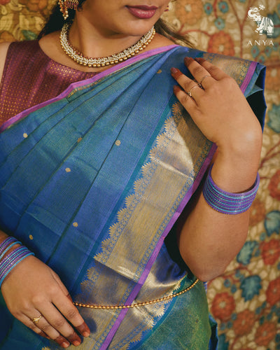 Ink Blue Kanchi Silk Saree with Vairaoosi Lines Butta Design
