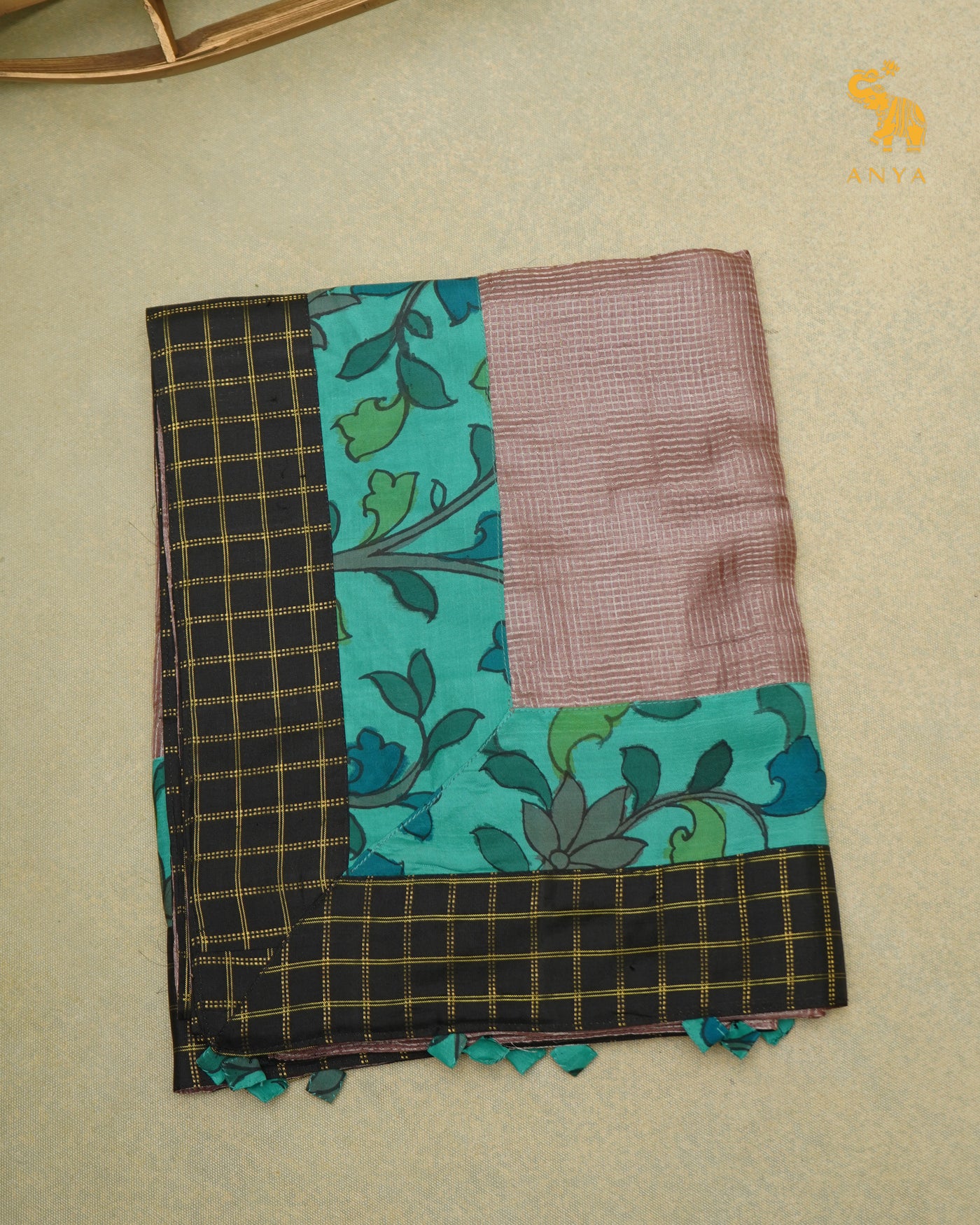 Light Brown Zari Checks Tussar Silk Saree with Rexona Pen Kalamkari Kanchi Silk Border