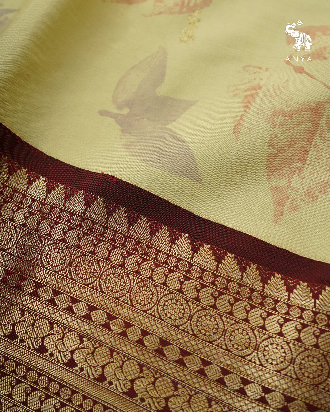 Apple Green Eco Print Kanchi Silk Saree with V Pakku Getti Self Pallu