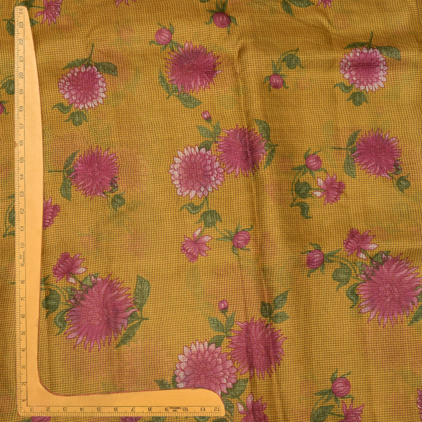 Mustard Tusar Silk Fabric with Floral Print and Zari Checks Design