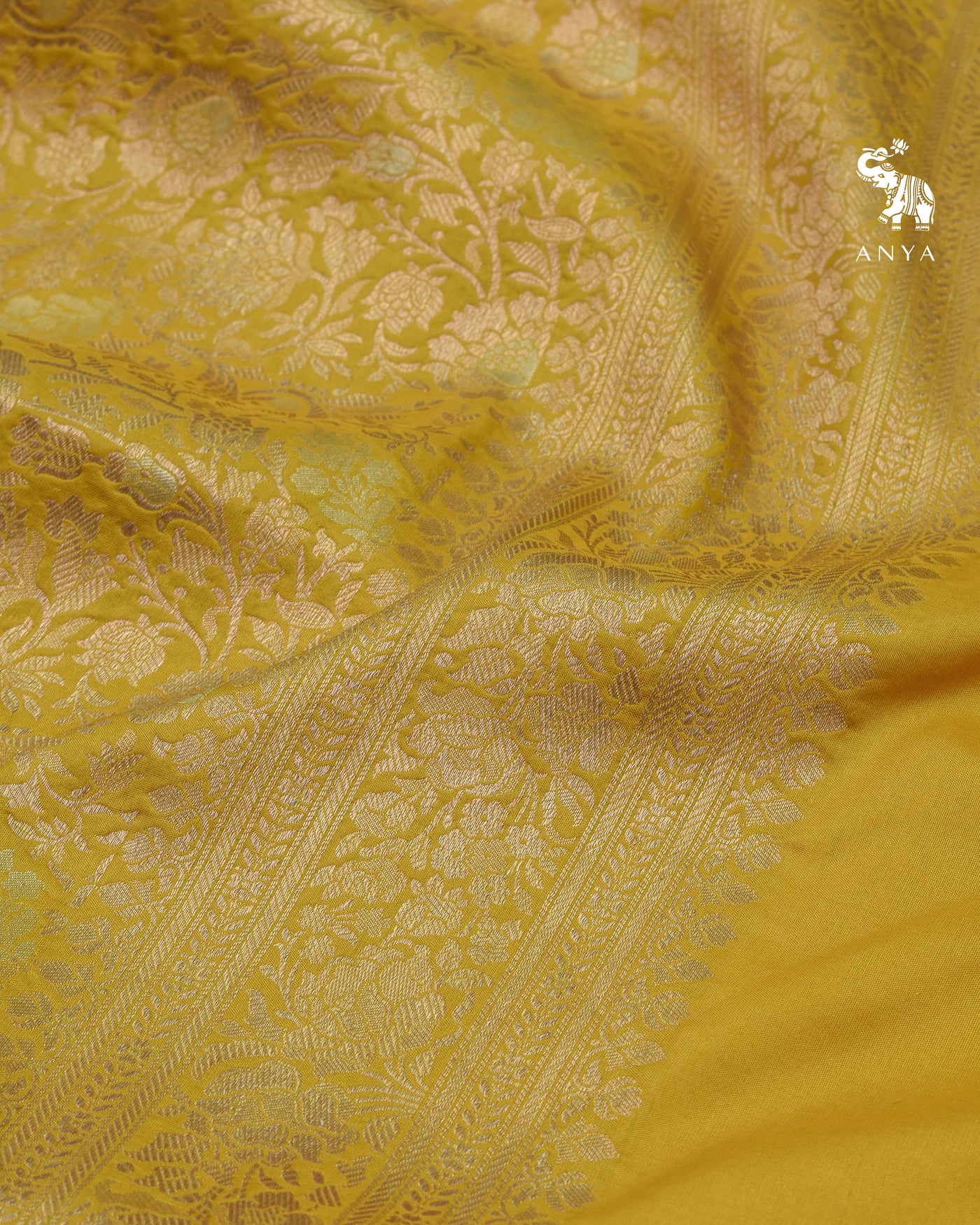 Yellow Banarasi Silk Saree with Floral Creeper Design