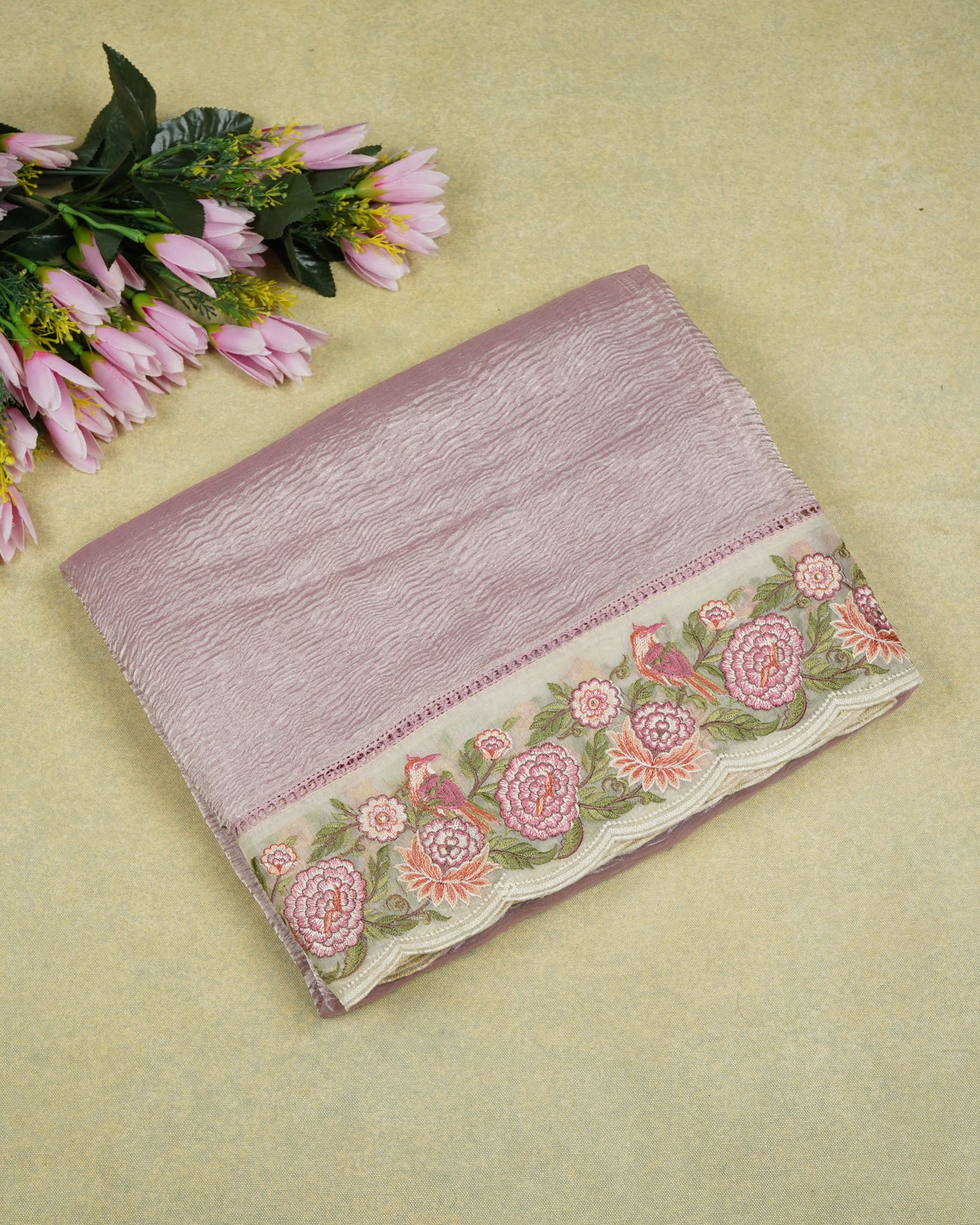 Lilac Crush Tissue Saree with Floral Embroidery Border