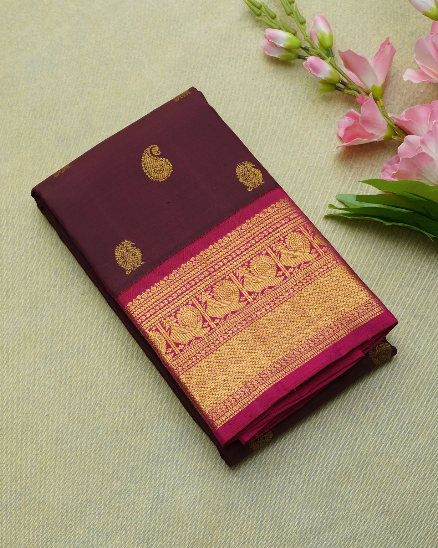 Maroon Kanchi Silk Saree with Zari Butta Design