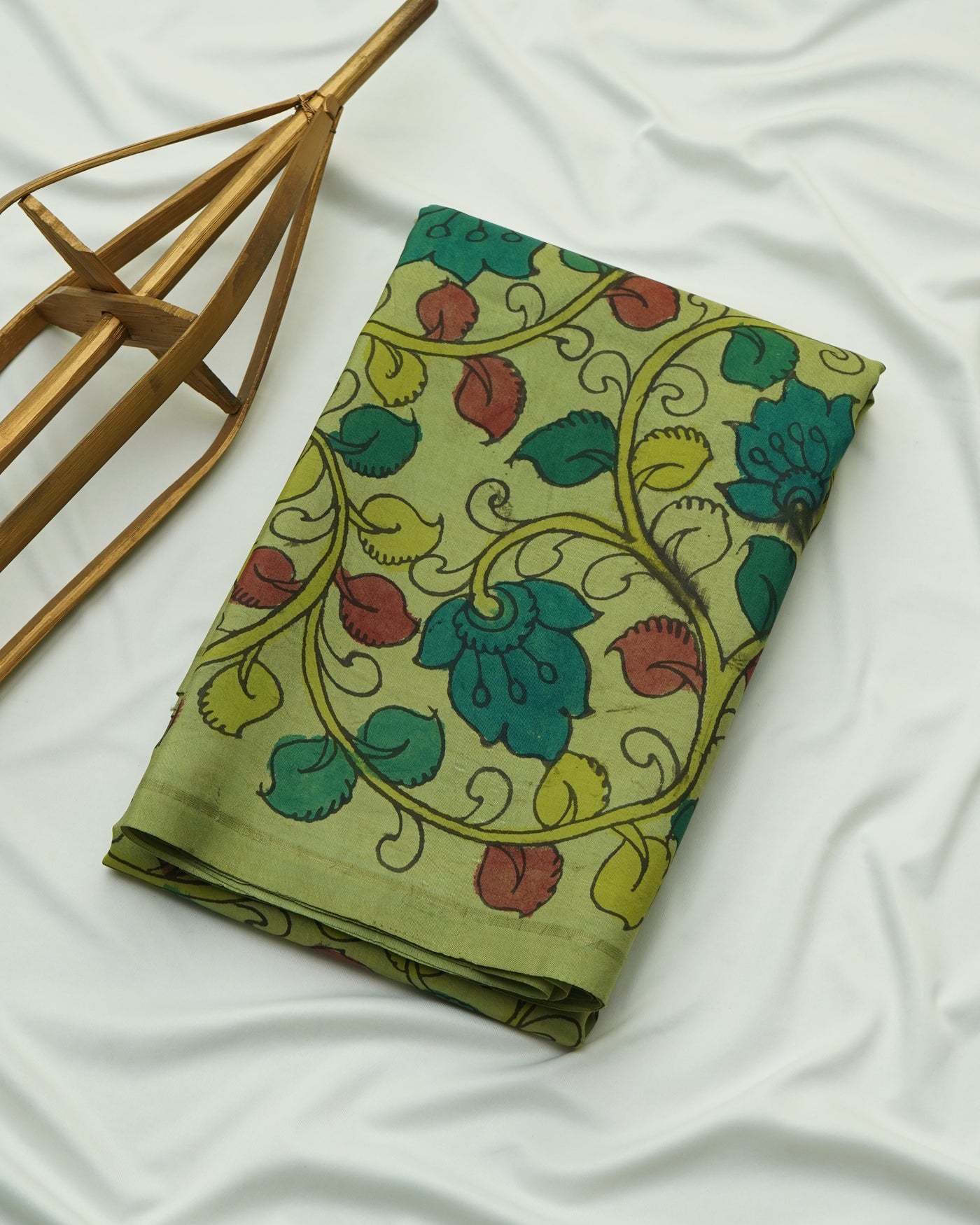 Apple Green Pen Kalamkari Kanchi Silk Fabric with Floral Design