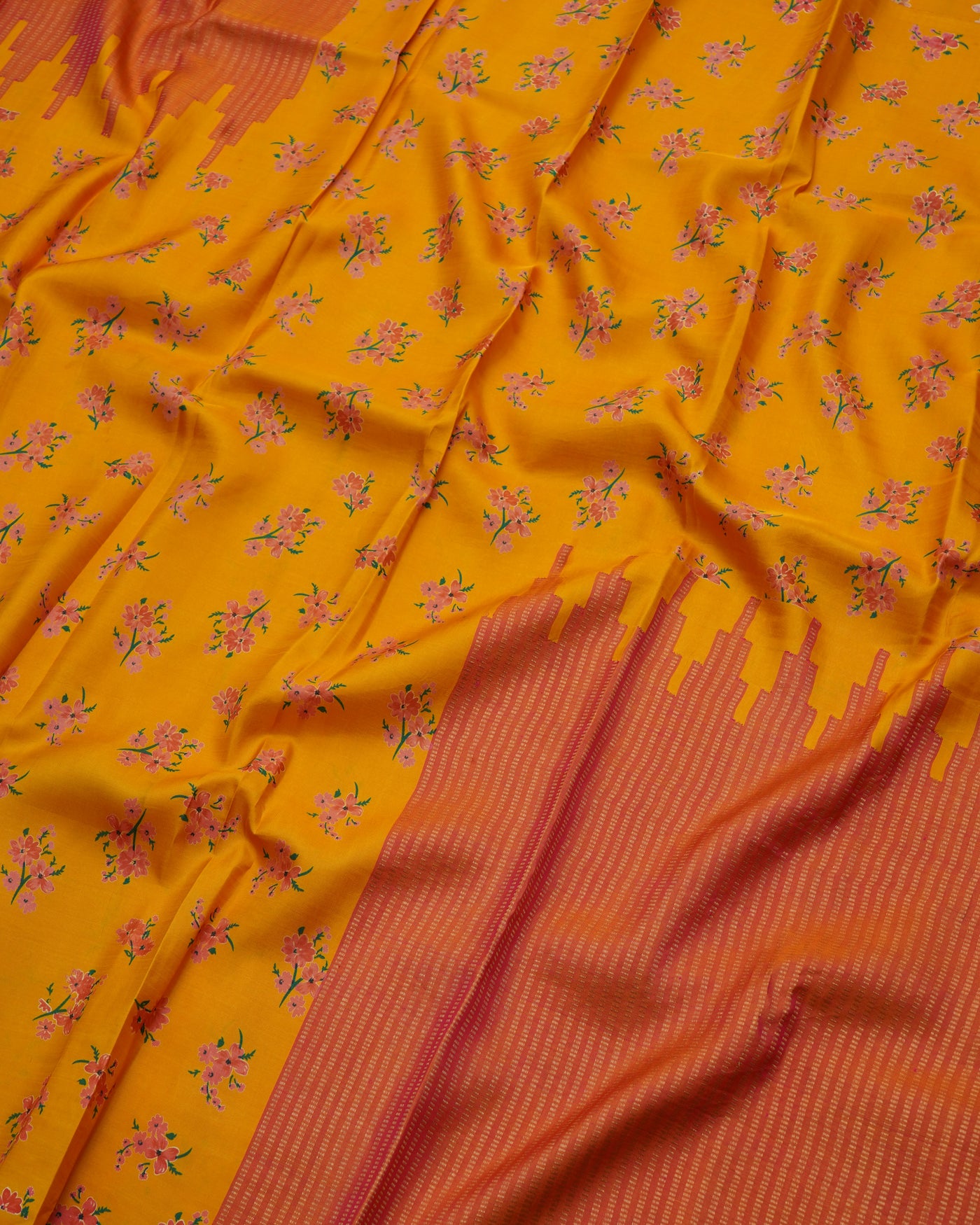 Oil Mustard Printed Kanchi Silk Saree with Small Floral Print Design
