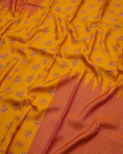 Oil Mustard Printed Kanchi Silk Saree with Small Floral Print Design