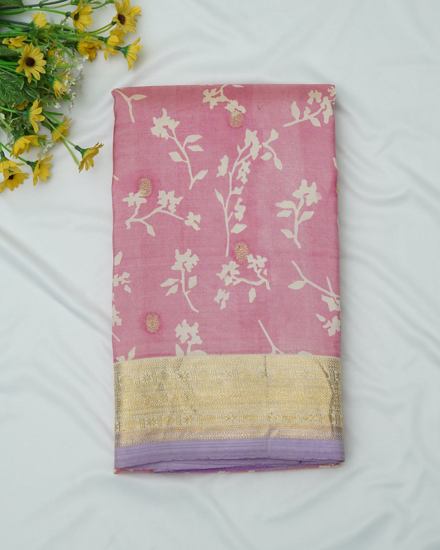 Lotus Pink Printed Kanchi Silk Saree with Floral Print and Zari Butta Design