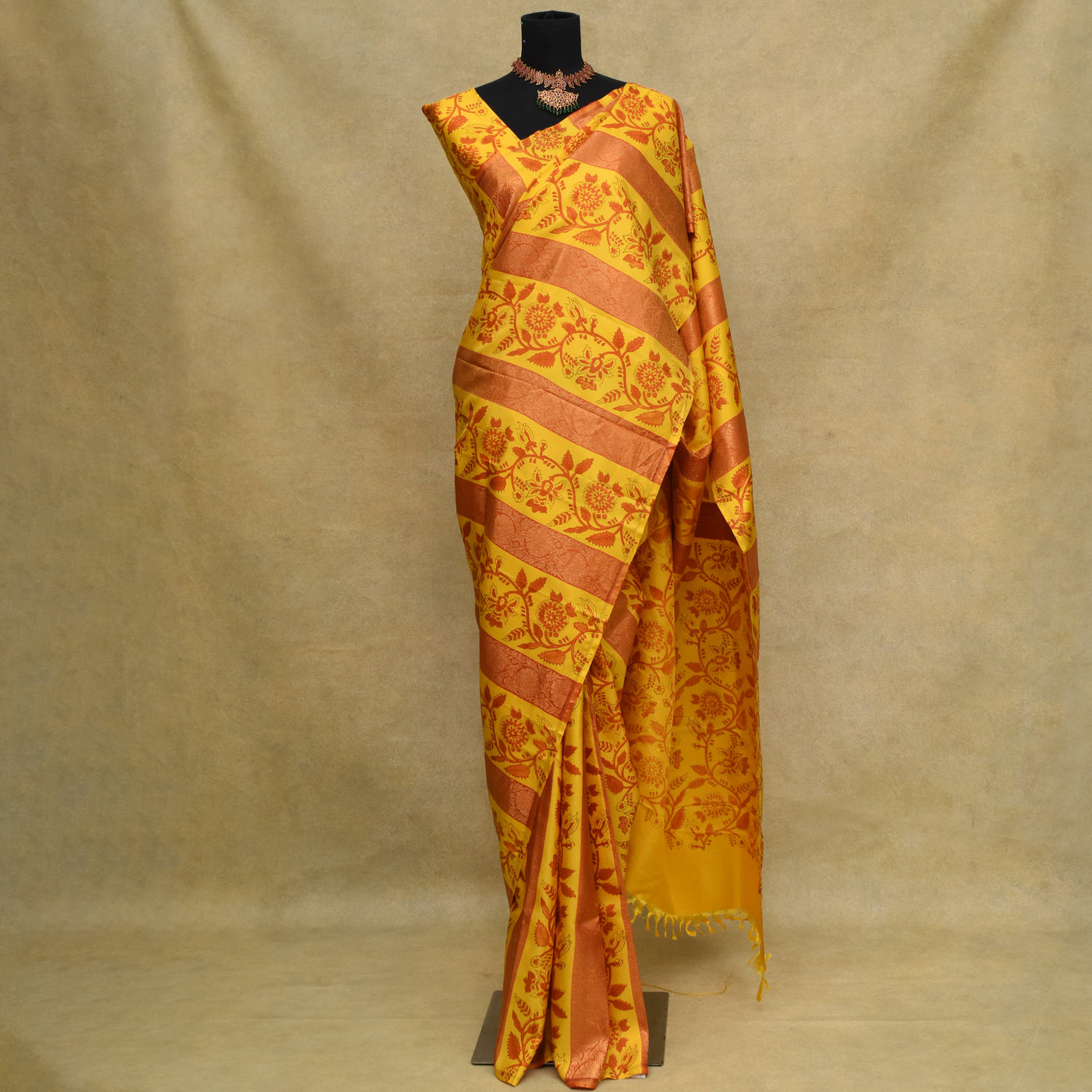 Mustard Printed Kanchi Silk Saree with Stripes Print Design