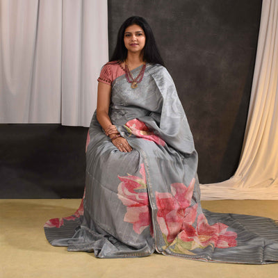 Grey Chanderi Saree with Kantha Work Design
