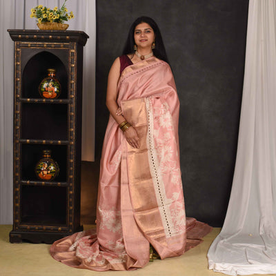 Pink Floral Printed Kanchi Silk Saree with Cut Work Design