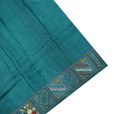 Peacock Blue Tussar Silk Saree with Floral Printed Design