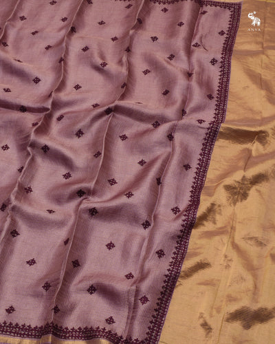 Lilac Tussar Silk Saree with Zari Checks and Kutch Work Design