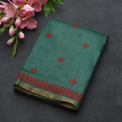 Green Tussar Silk Saree with Kutch Work Design
