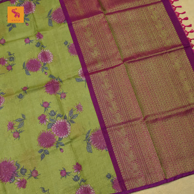 Samagha Green Floral Print Zari Checks Tussar Silk Saree with Magenta Kanchi Silk Getti Self Pallu