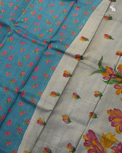 Blue Tussar Silk Saree with Floral Printed Design