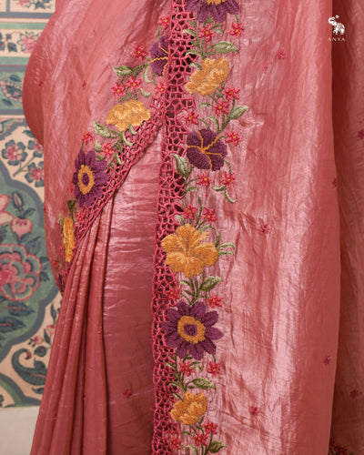 Onion Pink Fancy Tissue Saree with Embroidery Design
