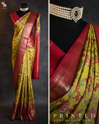 Fluorescent Green Printed Kanchi Silk Saree with Zari Kattam and Floral Printed Design