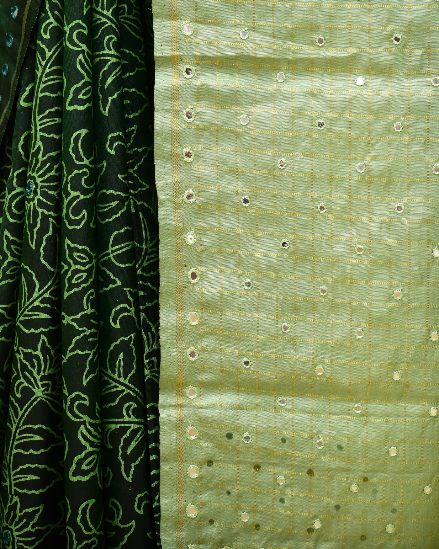 Bottle Green Printed Kanchi Silk Saree with Floral Print and Mirror Work Design