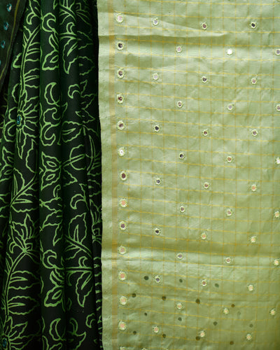 Bottle Green Printed Kanchi Silk Saree with Floral Print and Mirror Work Design