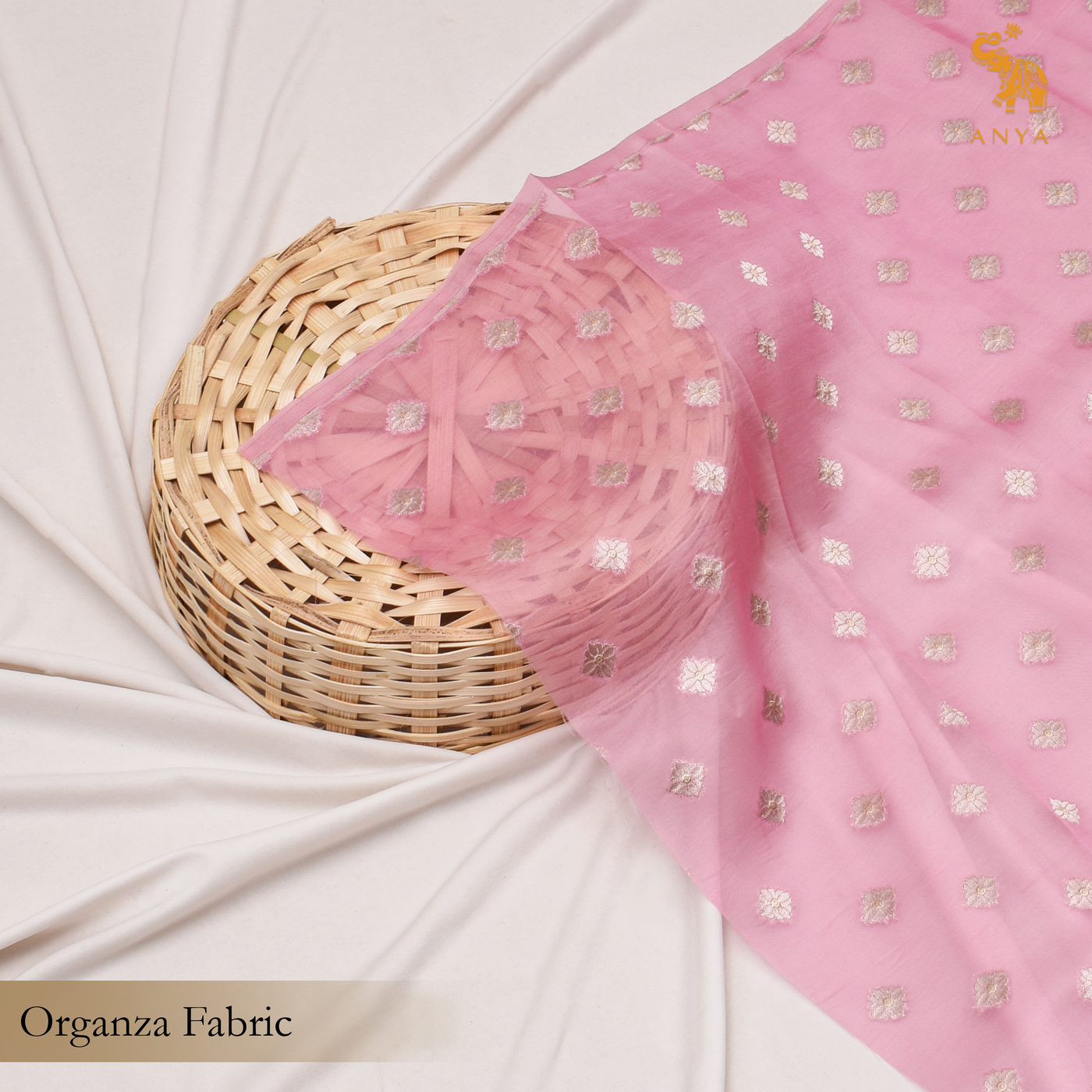 Lotus Pink Organza Fabric with Flower Butta Design