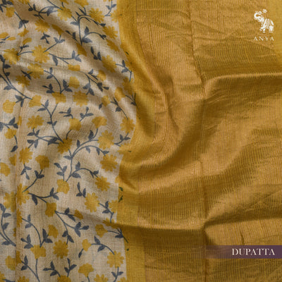 Mustard Tussar Silk Salwar with Off White Floral Creeper Dupatta