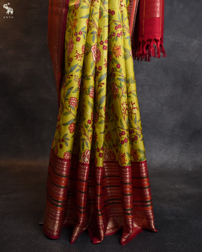 Fluorescent Green Printed Kanchi Silk Saree with Zari Kattam and Floral Printed Design