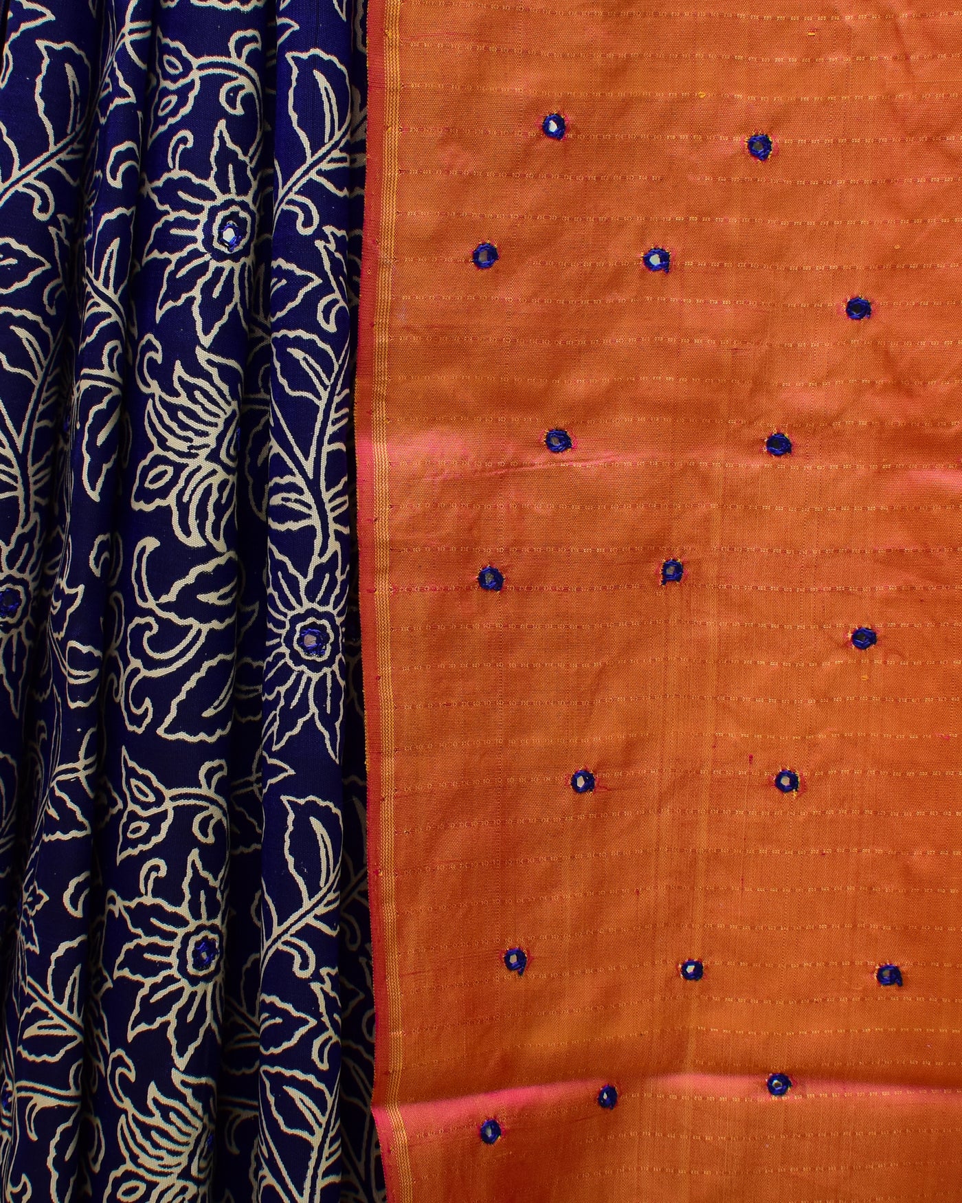 Ms Blue Printed Kanchi Silk Saree with Floral Print and Mirror Work Design