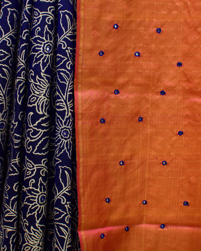 Ms Blue Printed Kanchi Silk Saree with Floral Print and Mirror Work Design