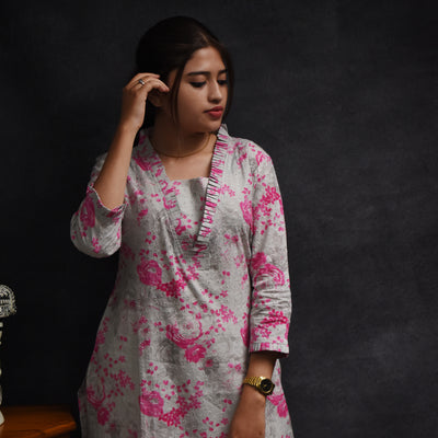 Grey with Pink Hakoba Cotton Kurti