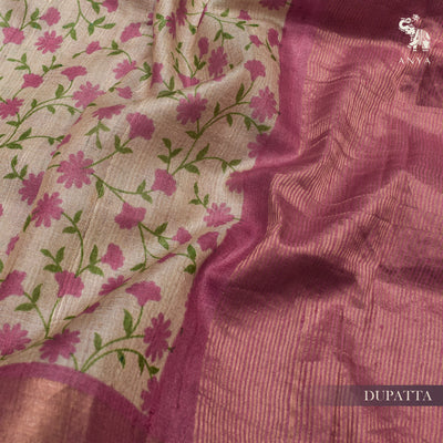 Pink Tussar Silk Salwar with Off White Floral Creeper Dupatta