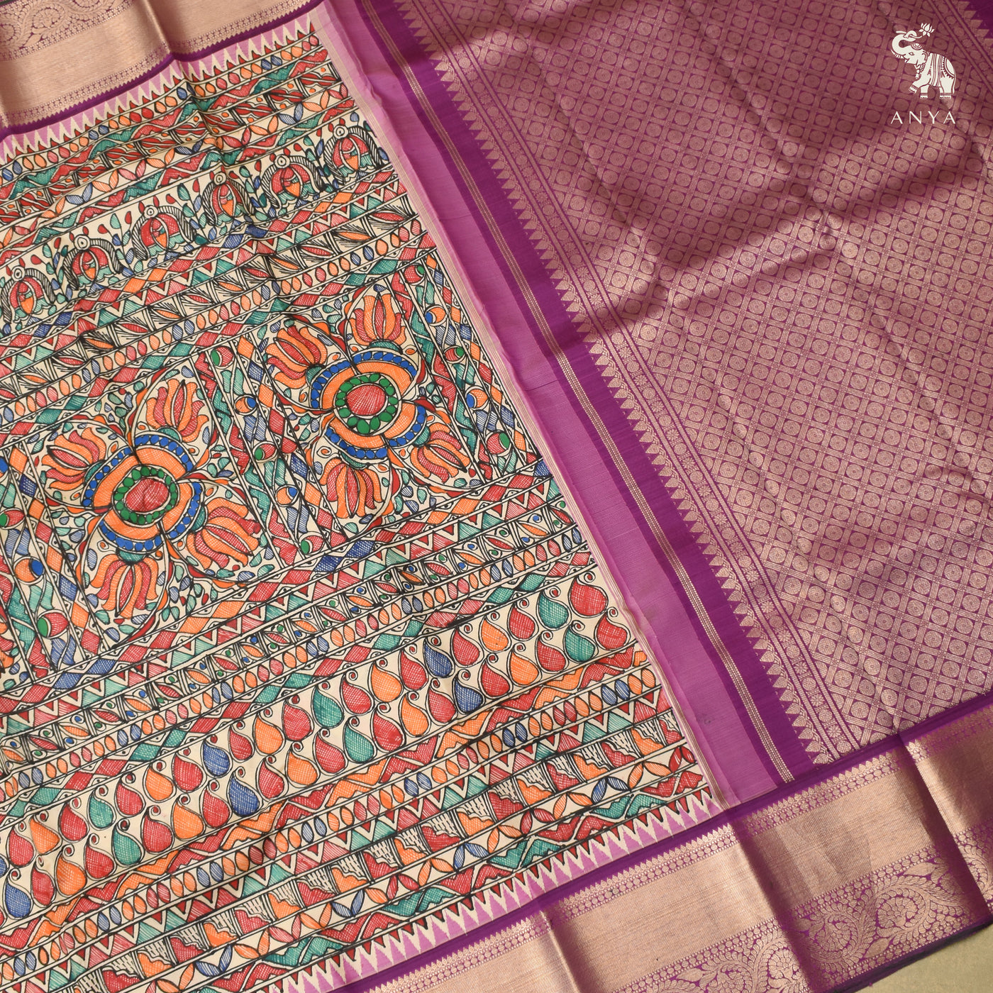 Off White Madhubani Kanchi Silk Saree with Magenta Getti Self Pallu and Blouse