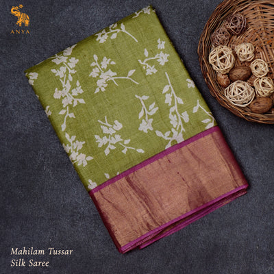 Samagha Green Tussar Silk Saree with Floral Printed Design