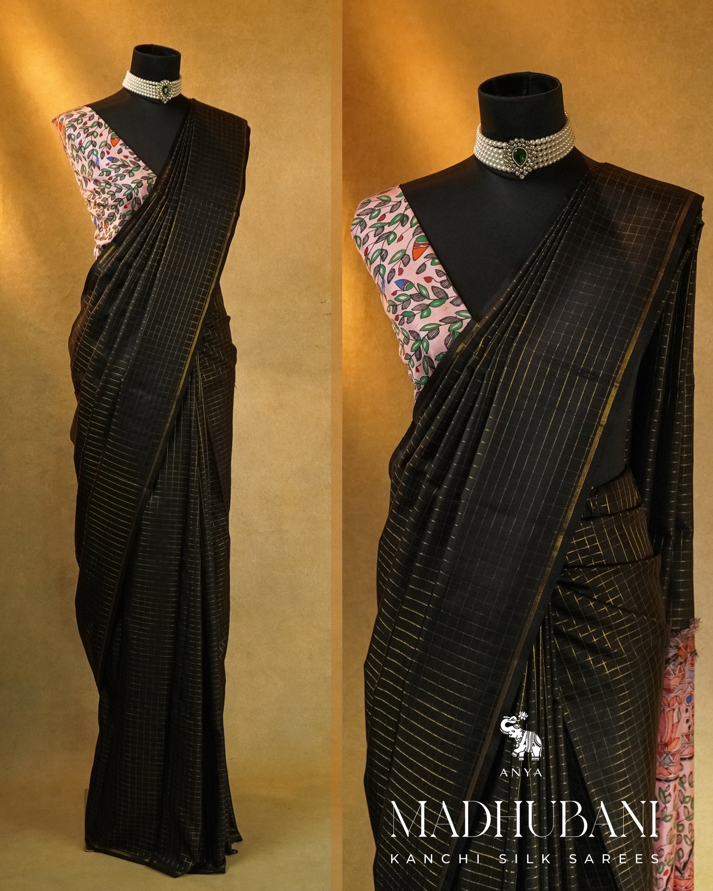 Black Zari Kattam Kanchi Silk Saree with Onion Pink Madhubani Pallu and Blouse