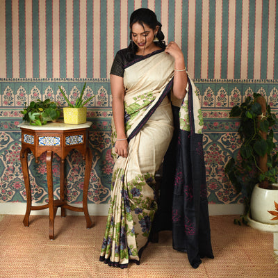 Off White Tussar Silk Saree with Floral Kantha Work Design