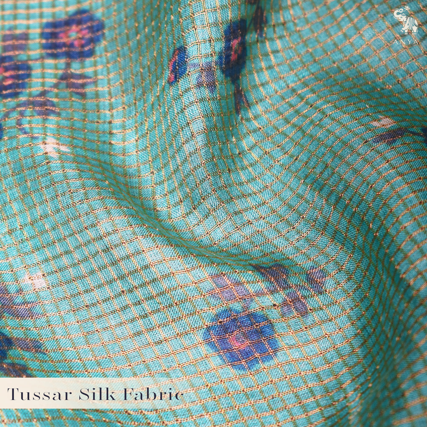 Blue Tussar Silk Fabric with Floral Print and Zari Checks Design