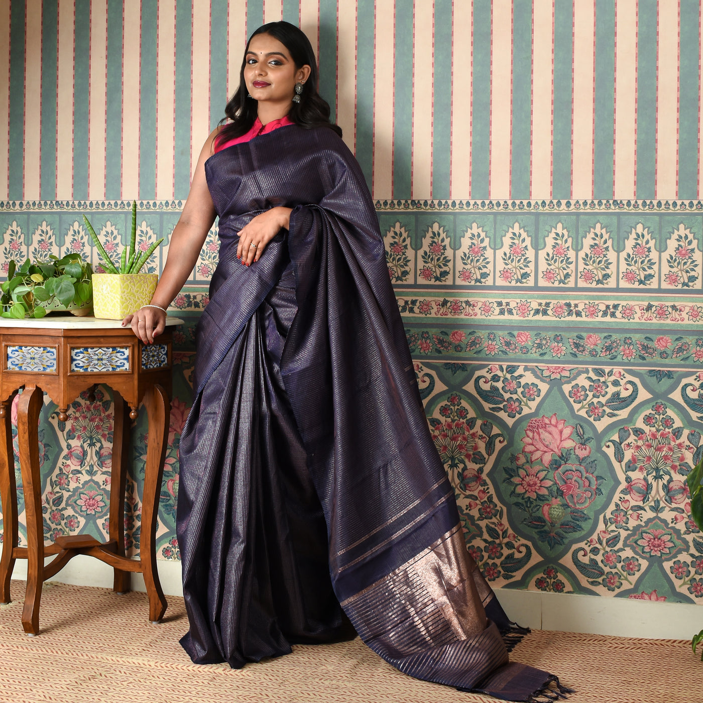 Navy Blue Zari Checks Kanchi Silk Saree with Pink Pen Kalamkari Kanchi Silk Blouse