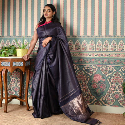 Navy Blue Zari Checks Kanchi Silk Saree with Pink Pen Kalamkari Kanchi Silk Blouse