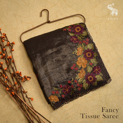 Black Fancy Tissue Saree with Embroidery Design