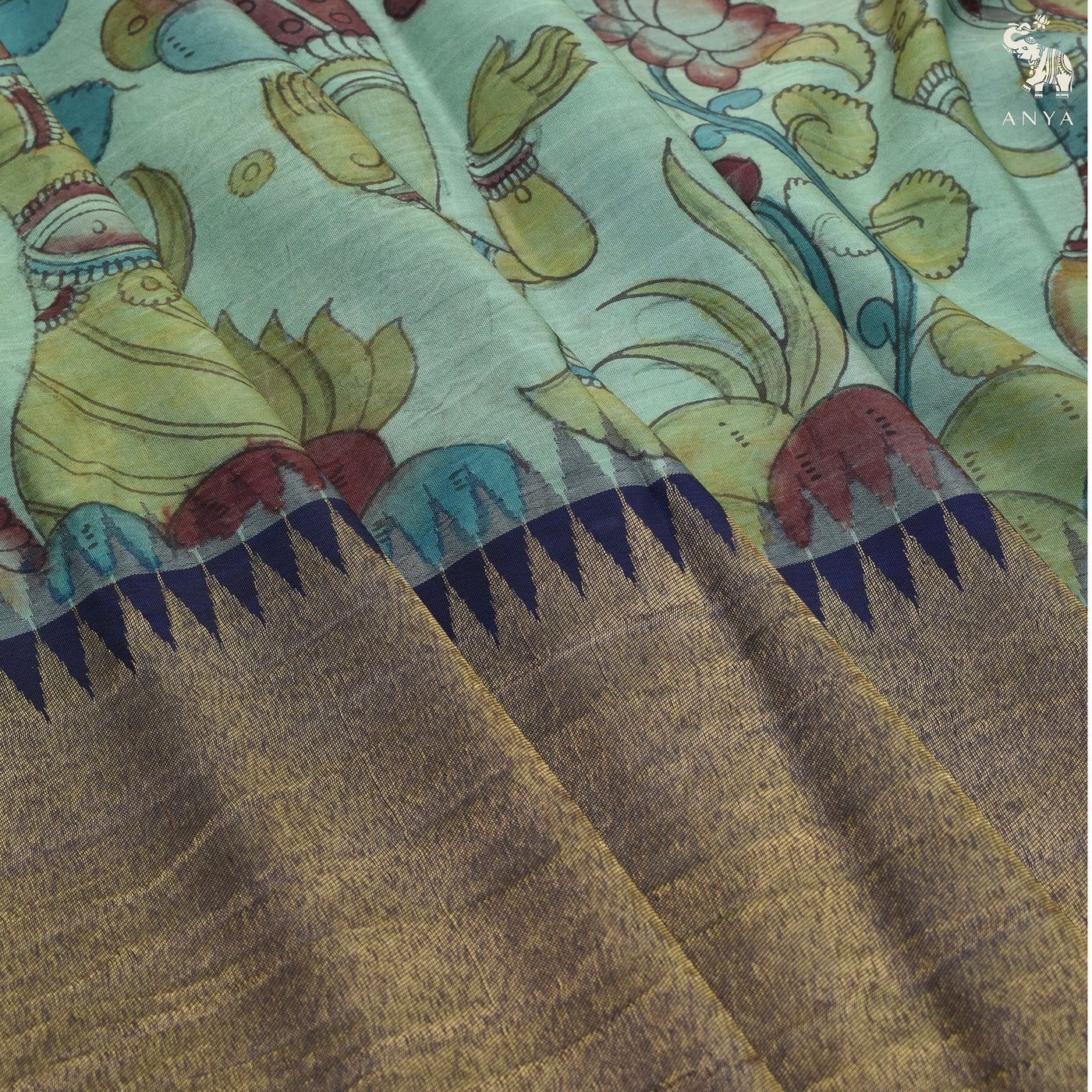 Baby Blue Pen Kalamkari Kanchi Silk Saree