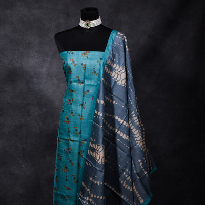 Rexona Blue Tussar Silk Salwar with Grey Shibori Print Dupatta