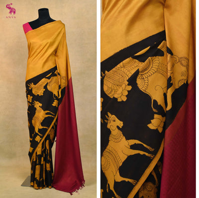 Yellow Pen Kalamkari Kanchi Silk Saree