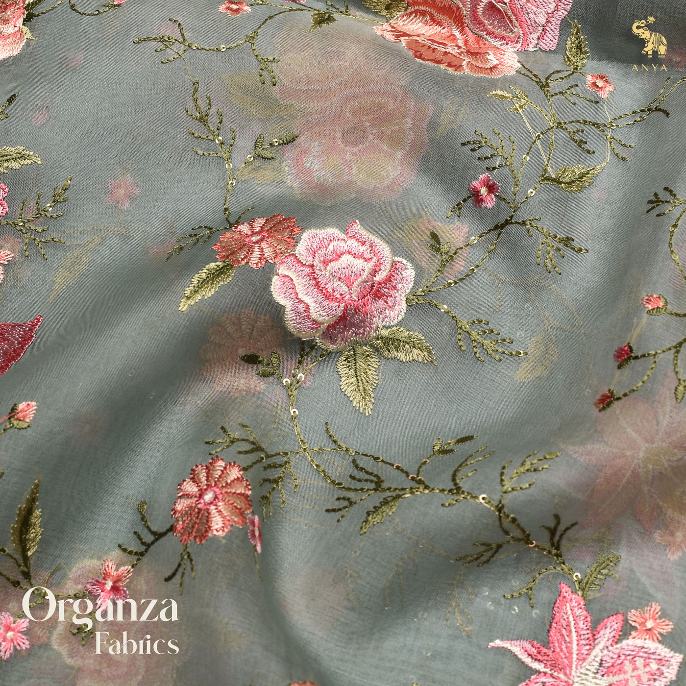 Blue Organza Fabric with Floral Embroidery Design