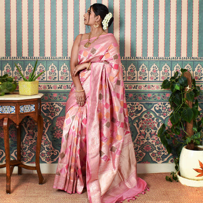 Lotus Pink and Multicolor Banarasi Silk Saree with Diamond Zari Design