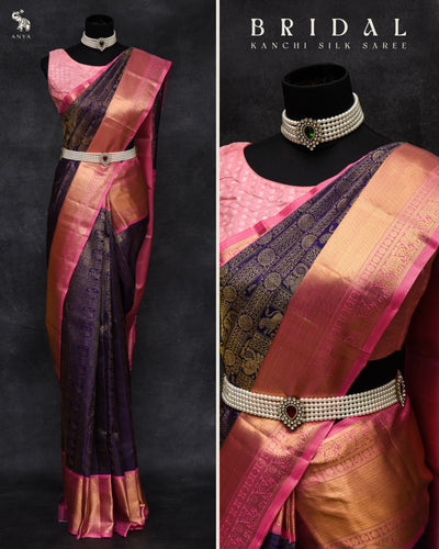 Navy Blue Kanchipuram Silk Saree with Square Zari Butta Design