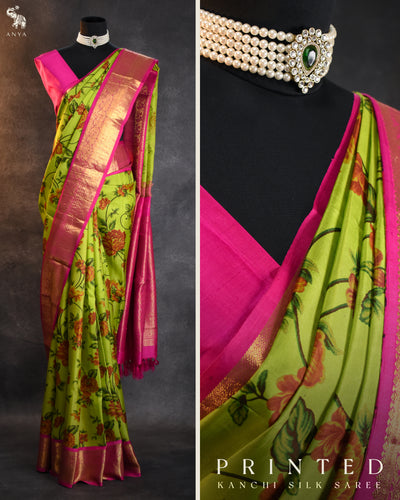 Samangha Green Printed Kanchi Silk Saree with Floral Printed Design